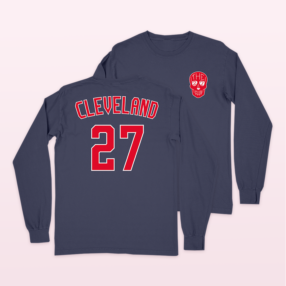 Official 27 Club Coffee Merchandise. 100% ring spun cotton navy long sleeved shirt featuring the 27 Club Coffee skull logo design in red and white on the front with Cleveland 27 on the back in red and white.