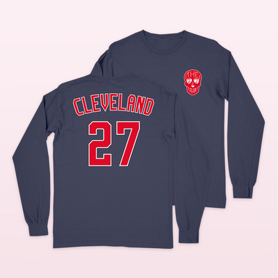 Official 27 Club Coffee Merchandise. 100% ring spun cotton navy long sleeved shirt featuring the 27 Club Coffee skull logo design in red and white on the front with Cleveland 27 on the back in red and white.