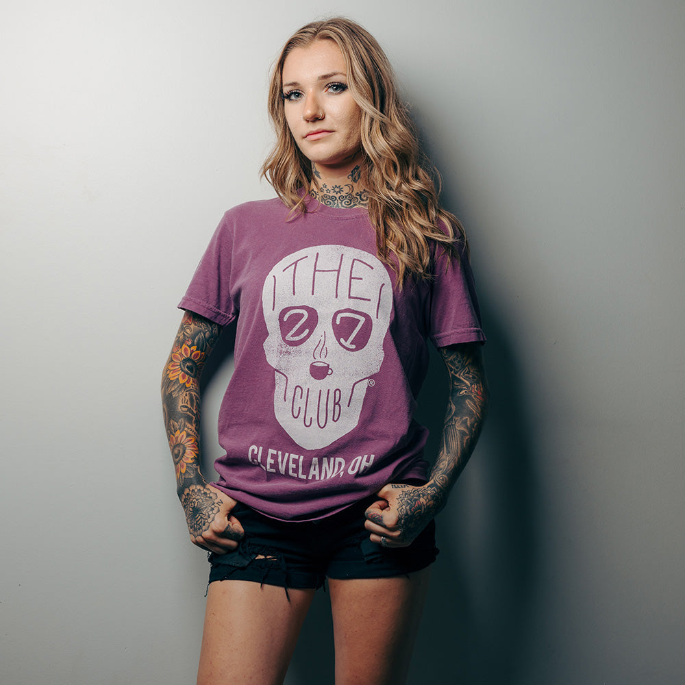 Official 27 Club Coffee Merchandise. Berry purple premium 100% cotton unisex t-shirt with a relaxed fit featuring the 27 Club Coffee logo on the front and the quote "Sleep When You're Dead" on the back.