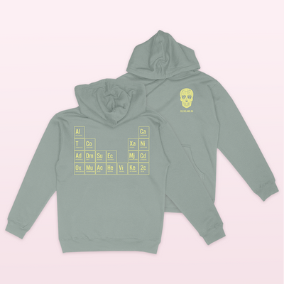 Official 27 Club Coffee Merchandise. 100% cotton hoodie with 80% cotton / 20% polyester blended fleece lining and unisex sizing. The front features the 27 Club Coffee skull logo in pale neon yellow and the periodic table design is on the back. 