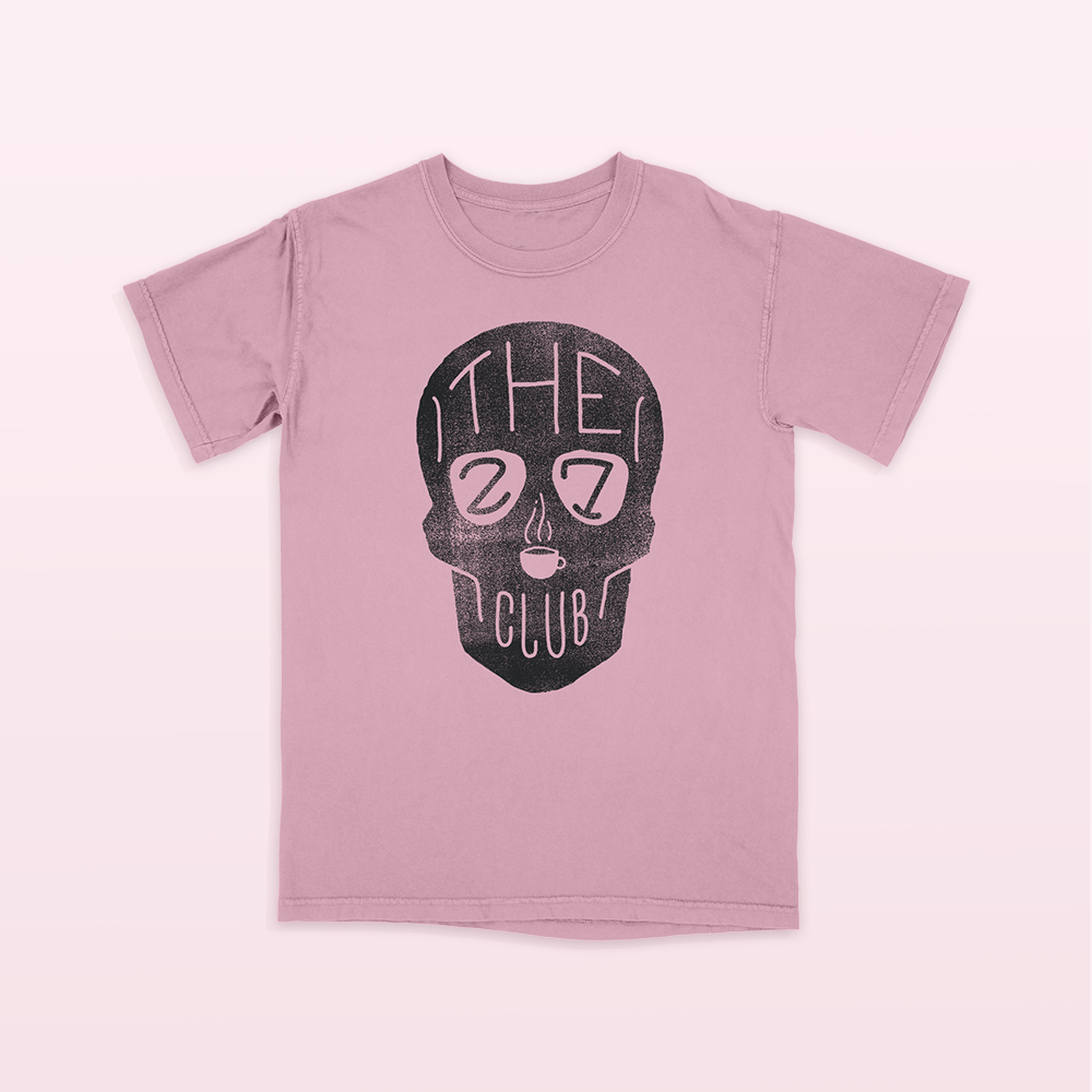 Official 27 Club Coffee Merchandise. 100% Airlume combed and ring-spun cotton blossom pink t-shirt with 27 Club Coffee skull logo design on the front.