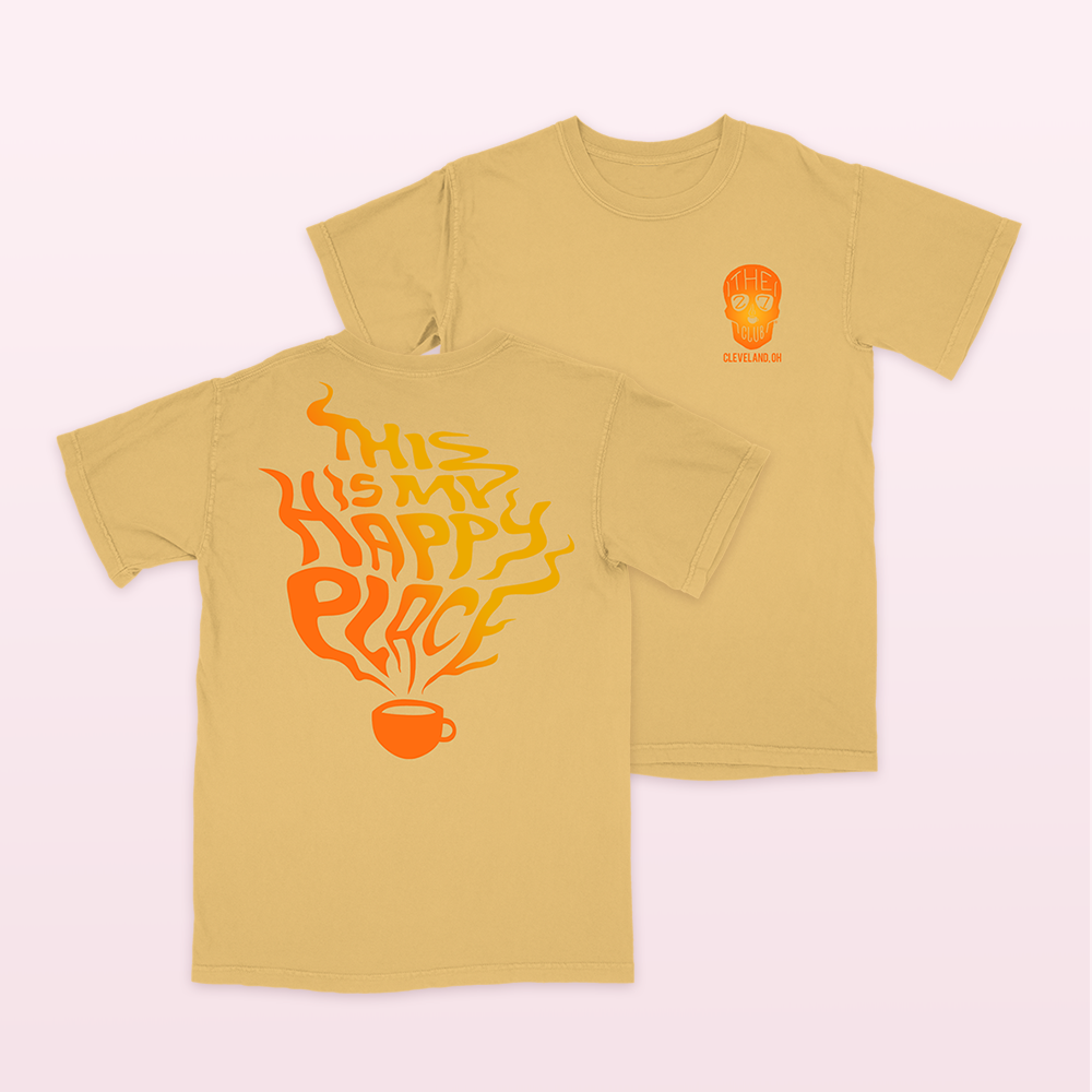 27 Club Official Merchandise • 100% Airlume combed and ring-spun cotton mustard t-shirt with a orange and yellow gradient skull logo on the front and an orange and yellow gradient happy place design on the back. 