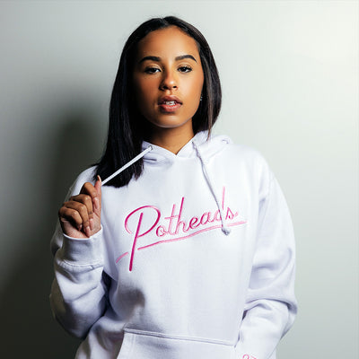 White Embroidered Script Potheads Pullover Hoodie
